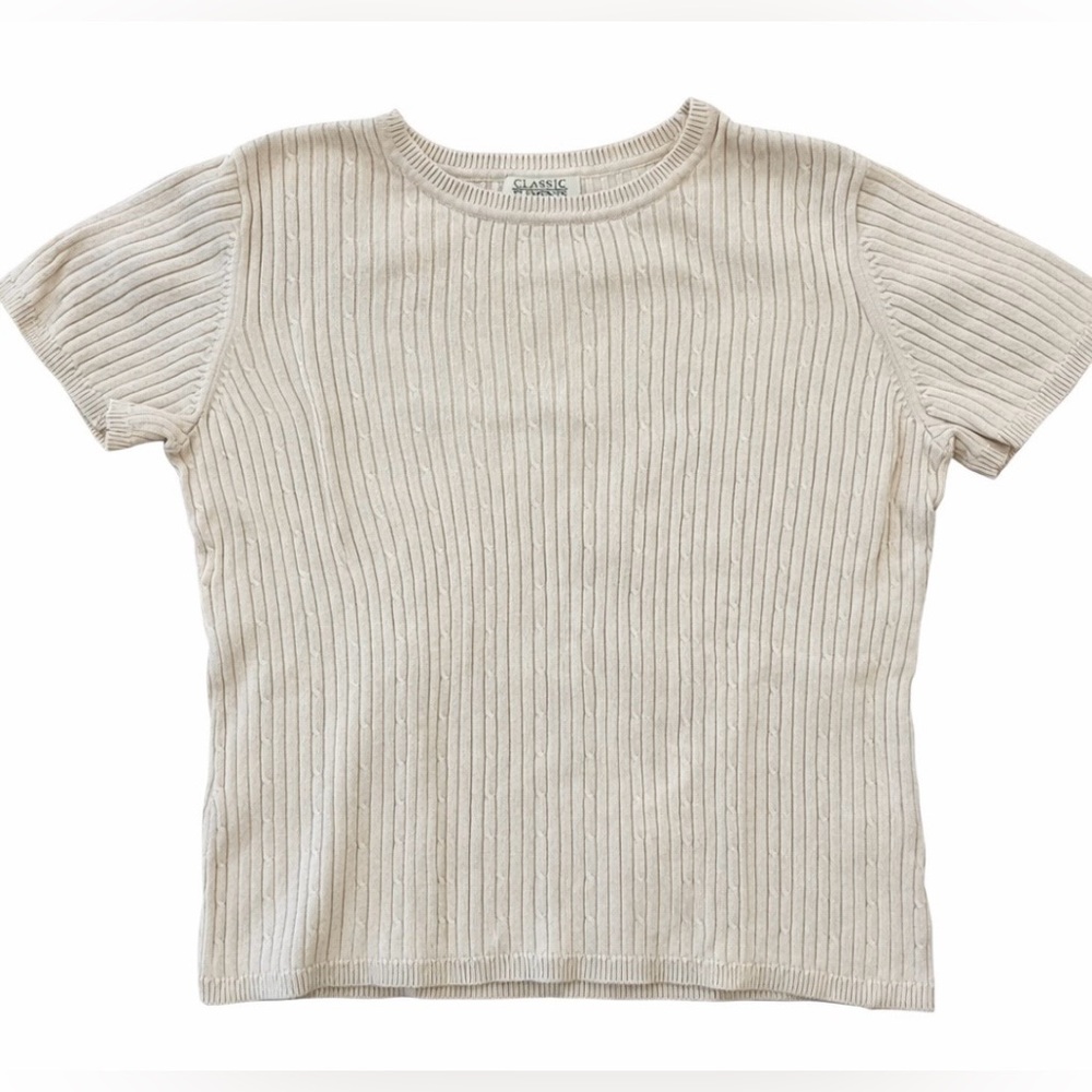 Vintage 90s classic elements small Ribbed Knit Top cream Short Sleeve Sweater